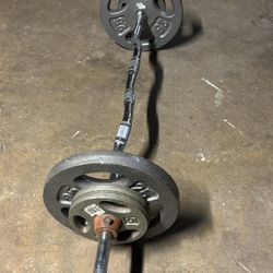 Curl Bar  And Weights. Total 85 Lb Weight. 
