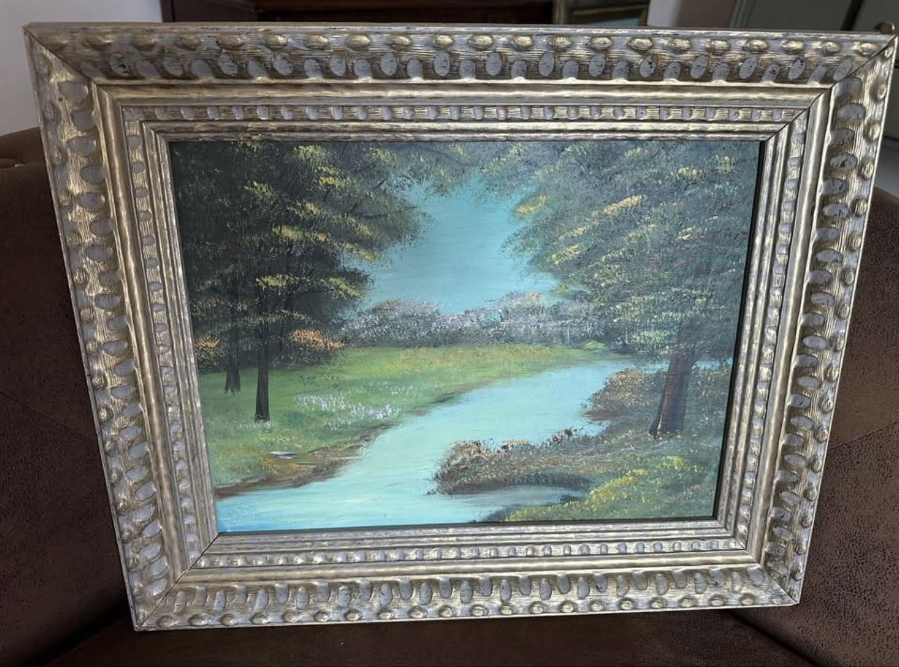 Framed oil painting landscape creek and trees