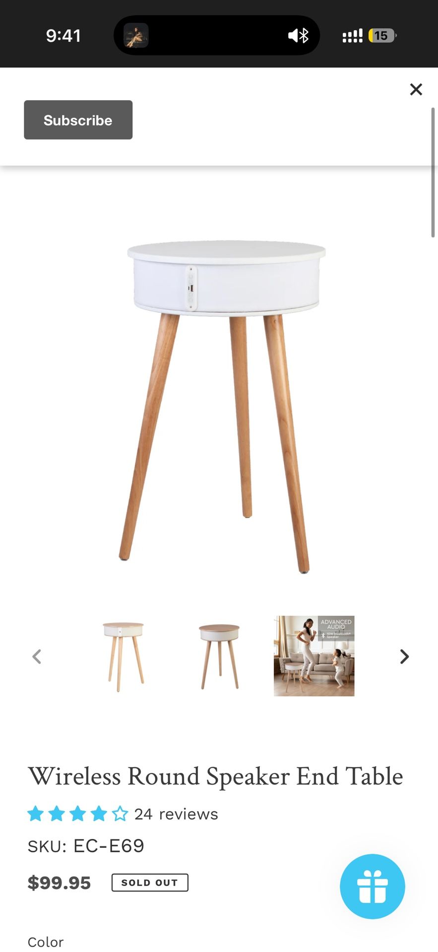 iHip Wireless Round MultifunctionalCoffee Table, Sofa Table, End Table with Wireless Charging, Bluetooth Speaker