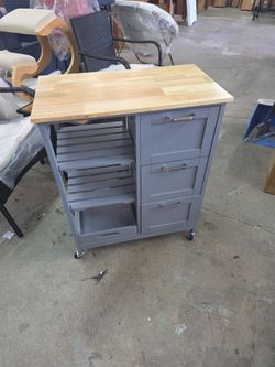 Rolling kitchen island utility storage cart, with 3 storage drawers &shelves, gray