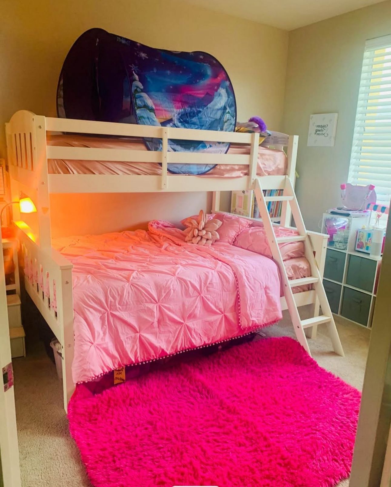 Girl’s Pink Bunk Bed Set – Full/ Twin + Mattresses + Rug