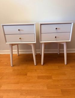 Pair of Mid-Century Modern White Nightstands - 2 Drawer with Brass Knobs
