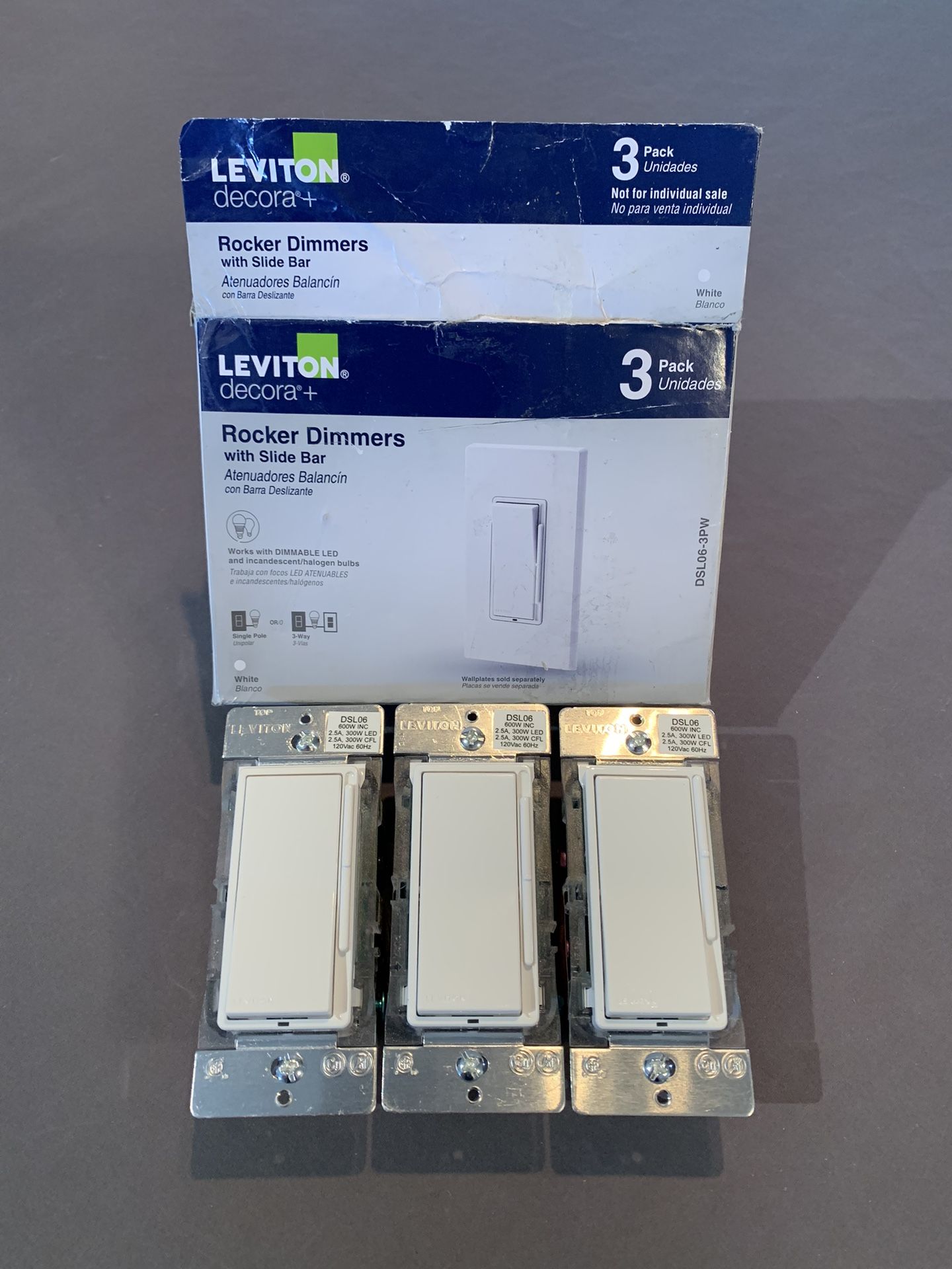 3x Leviton Decora Rocker Dimmers w Slide Bar 600-Watt Single-Pole/3-Way ...