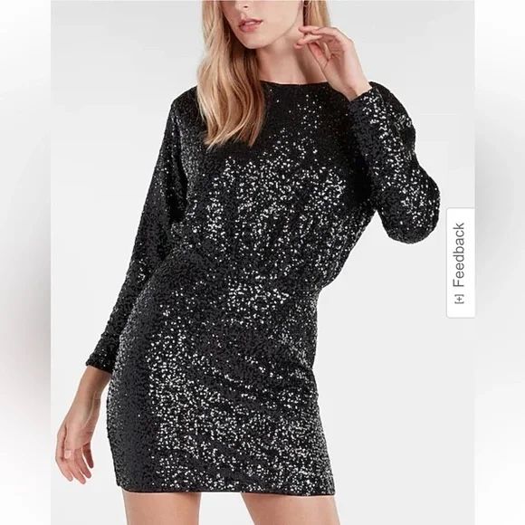 NEW Express Sequin Long Sleeve Padded Shoulder Mini Dress Black XS