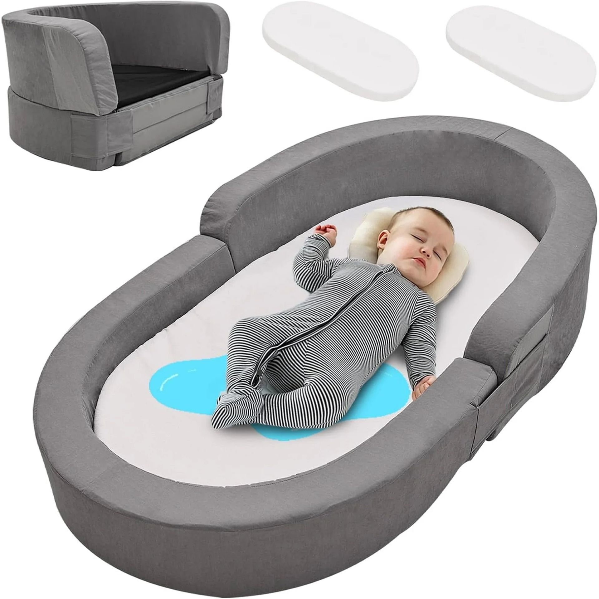 Foldable Toddler Travel Bed with 2 Waterproof Mattress Covers, Portable Floor Bed for Toddlers 2-in-1 Convertible Baby Crib Kids Sofa Chair Toddler Ca