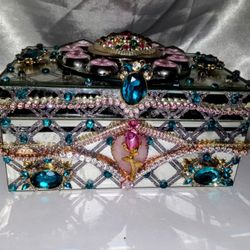 Mirrored Romantic Pink Orb And Blue Jeweled Glitter Diamond Patterned Jewelry Box