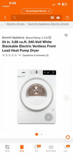 Summit Appliance (Brand Rating: 3.7/5) O 24 in. 3.88 cu.ft. 240-Volt White Stackable Electric Ventless Front Load Heat Pump Dryer * V Questions & Answ