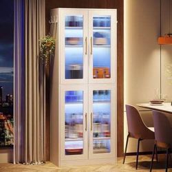 New White Bookcase with Doors LED Light, 67” Tall Bookshelf 8-Tier Adjustable Shelves Hanging Hooks