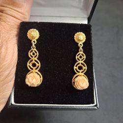 Carved Pink Floral Coral Dangle Earrings Goldtone Filagree Metalwork- Elegant In New Condition