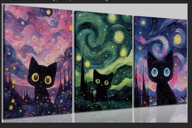 GAVVENN Black Cat Canvas Wall Art, Starry Night, 12''x16''
3Pcs, Cute Cat Lover Decor, BoHo Kitten Posters, Kids Room Bedroom Nursery, Prepare to Hang