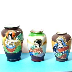Lot Of 3 Vintg Sm Brown Satsuma Moriage Japan Vases