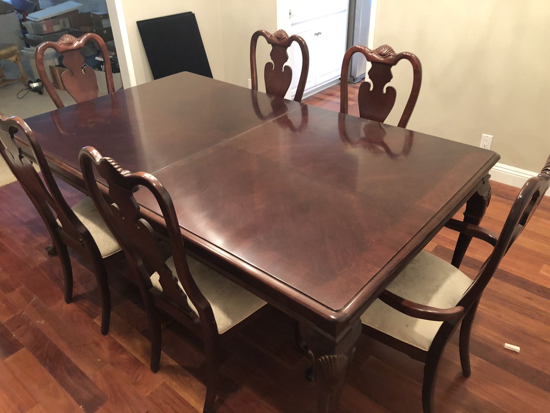 Hutch dining room table, chairs, and china cabinet