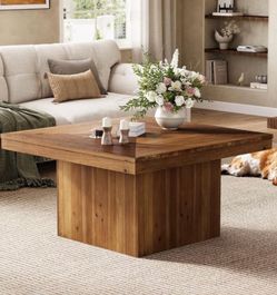 XK00867 Solid Wood Square Coffee Table, 35.4" Mid Century Modern Center Cocktail Table for Living Room, Farmhouse Accent Tea Cocktail for Small Space,