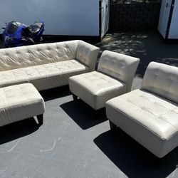 Cream Color Leather Sofa, Chairs, Ottoman