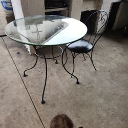 Iron Round Small Glass Table With Chair