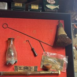 Antique Chinese Lamp, Broom, And Pipe