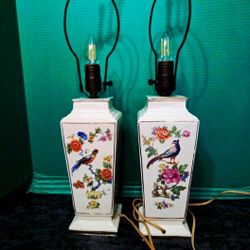 2 Vintage Mid Century Modern Porcelain Lamps Birds Flowers Motif 