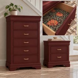 Delivery Available | Refinished Burgundy/Rust 5-Drawer Dresser and Nightstand with Secret Drawer