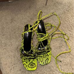 Yellow and Black Snake Skin Strap Heels (Size 10)