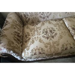 Couch and Love Seat  Fabric Champagne Print With Dark Walnut Wood Accents .Like New