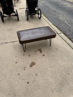 Hairpin brown faux-leather low bench or ottoman metal legs, Mid Century Modern, 32by16, 15hi, $25