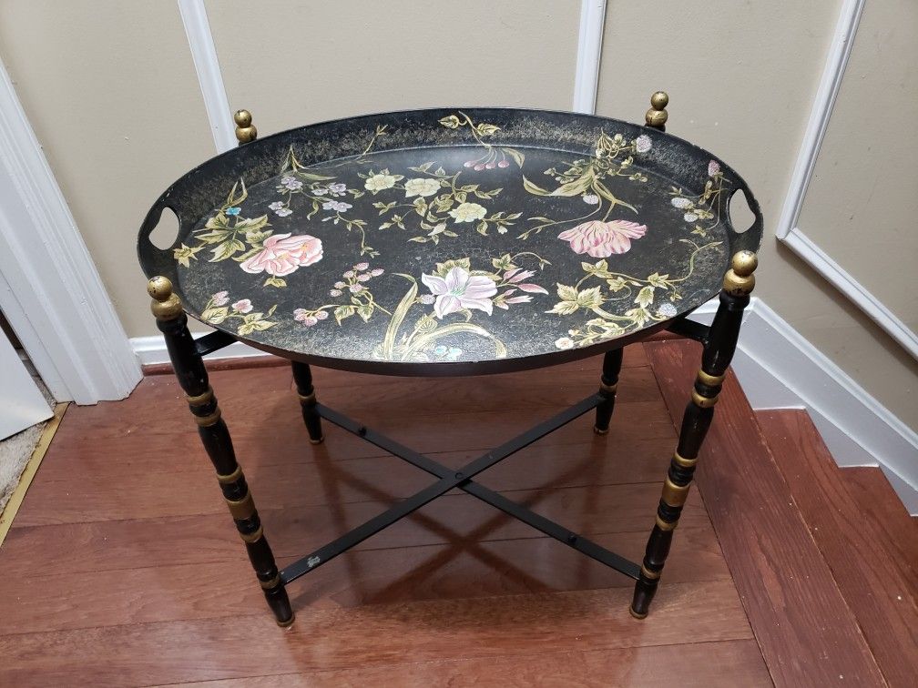 Vintage Black Handpainted Metal Tray Table with Folding Stand Floral Design