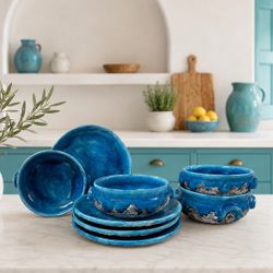Signed Mirella Studio Pottery 8 Pc Soup Bowl & Underplate Set Blue Lava Glaze