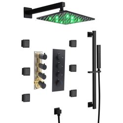 12inch LED shower head matte black 3 way thermostatic shower faucet with body jets and sliding bar