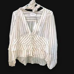 Line + Dot white with black vertical striped blouse with ruffle detail and tie neck, size S