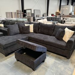 Black Fabric Sectional With FREE storage Ottoman 
