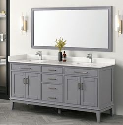 Brand New Grey 72 'Inch Bathroom Vanity w Stone Sink Countertop w Mirror