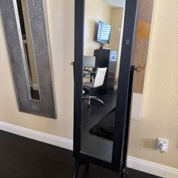 Full-Length Standing Jewelry Armoire with Mirror – Dark Wood