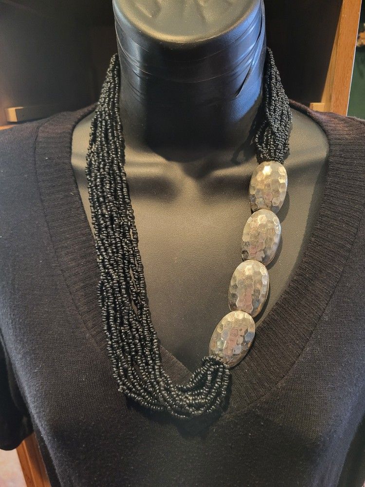 Necklace Multi Strand Black Beads Metal Hammered Plates
