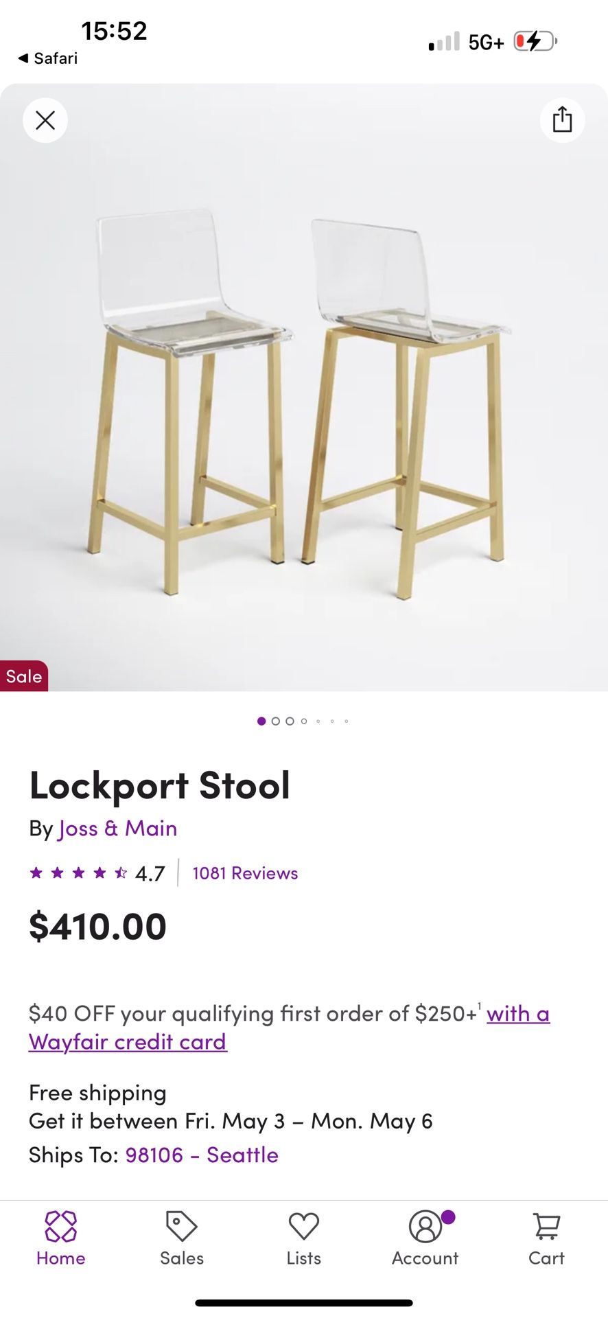Gold Transparent Counter Height Stools