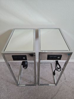 Set of 2 Mirror End Tables with Outlets