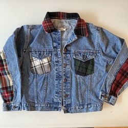 Women Large - Jordache Jean Jacket Plaid Vintage Raw Denim