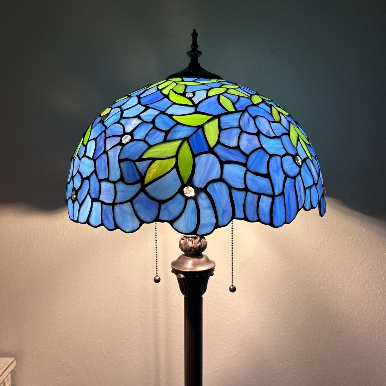 Tiffany Style Floor Lamp Blue Stained Glass Green Leaves 64"H*16"W*16"D