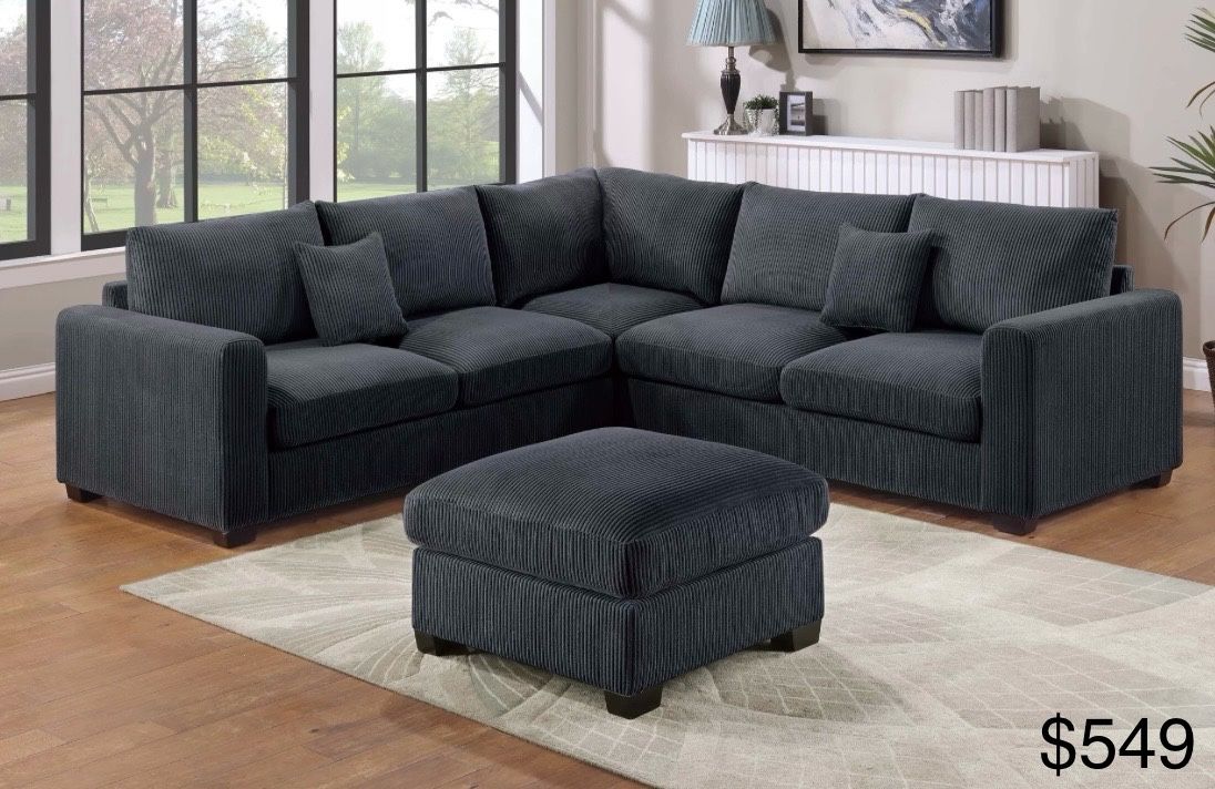 Black Corduroy Sectional Sofa With Ottoman