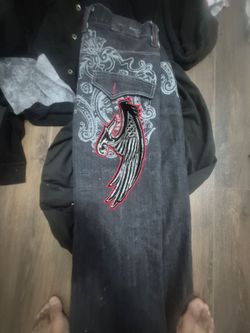 VTG Y2K Raw Blue Baggy Jeans Wings Embroidered Black Skater Deadstock Large