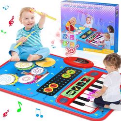 new 2-in-1 Musical Mat Toys for 1 2 3 4 5 Year Old, Piano Keyboard & Drum Set with 2 Drum Sticks, Early Educational Musical Learning Toys Birthday for