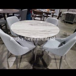 Modern! 5-pc Dining Table Set White Faux Marble Table Top & Grey Fabric Upholstered Chairs