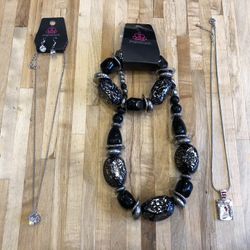 Collection Of 2 Paparazzi Brand Necklaces With Matching Bracelet & Earrings, And One Silver And Red Jeweled Necklace 