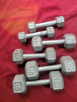 SETS OF 15s. 10s. 5s. DUMBBELLS. TOTAL 60LBs
11525 S HALSTED/7111.S WESTERN 
50$  CASH ONLY AS IS