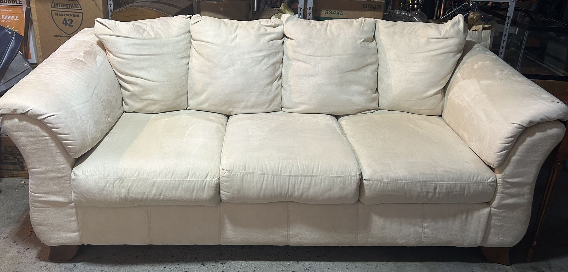 Comfy Clean Couch Sofa - 3-seat, Cream/ Off-White Neutral Microsuede. Slipcover also available! 