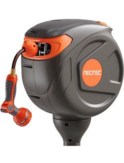 NEO-TEC Retractable Garden Hose Reel 82 ft 1/2 Inch, Ground-Mounted Freestanding Water Hose, No-Drill 360° Swivel, Any-Length Lock & 20% Slow Return f