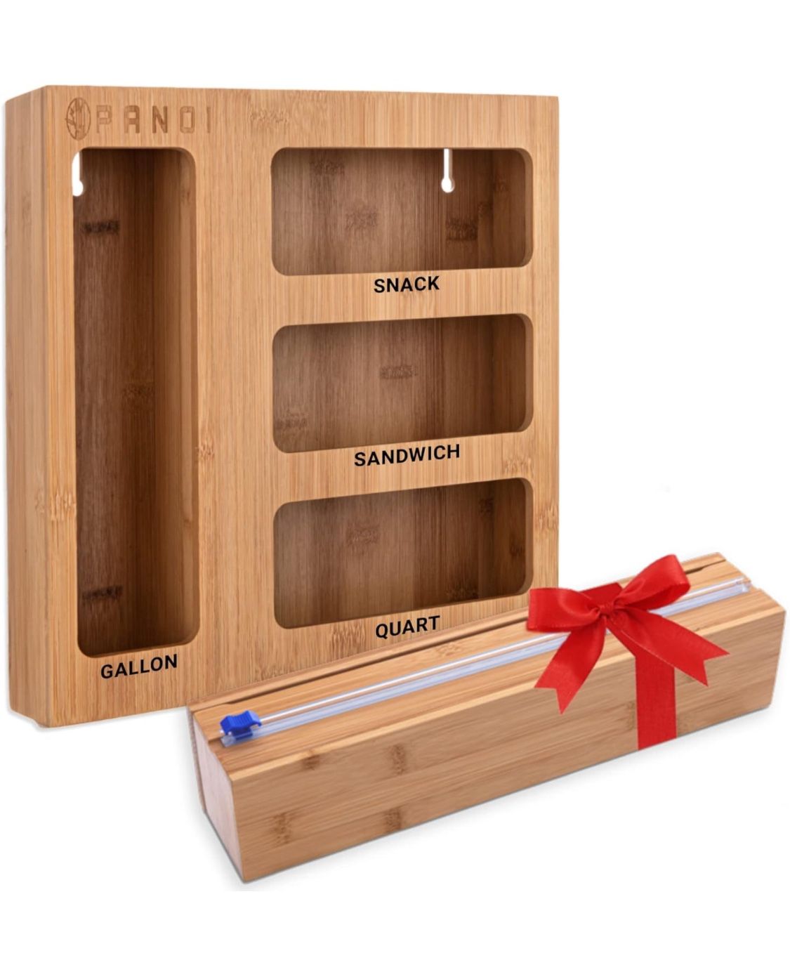 Ziplock Bamboo Storage Baggie Organizer, Wrap Dispenser with Slide Cutter, Sticker Labels - Hanging Kitchen or drawer for Gallon, Quart, Sandwich, Sna