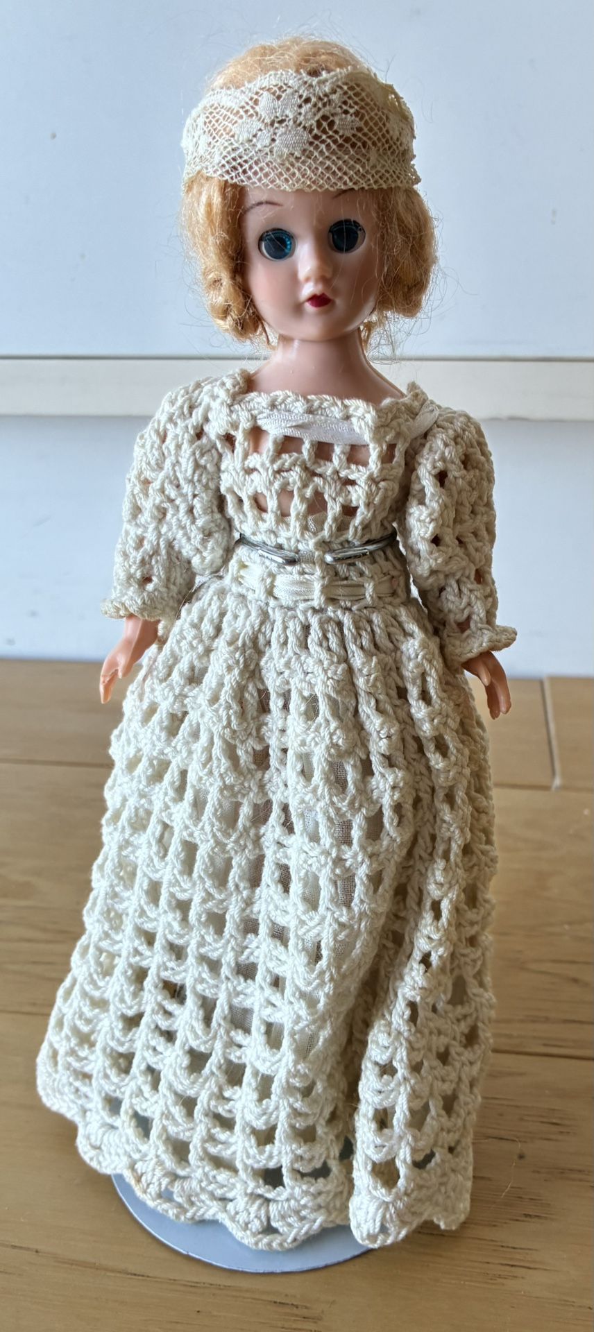 Doll, 8” Tall w/Beige Crocheted Dress and Headband.