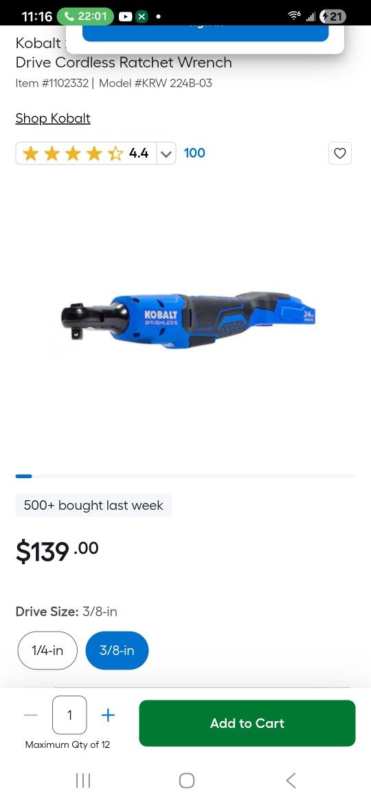 Kobalt 24-volt Variable Speed Brushless 3/8-in Drive Cordless Ratchet Wrench