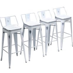 0786 26" Industrial Metal Barstools Set of 4 Counter Height Bar Stools with Back (Wood Top Low Back, Distressed White)