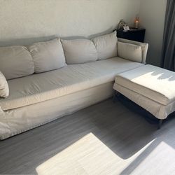 IKEA-Style Sofa Bed w/ Ottoman – Beige, Pull-Out Sleeper